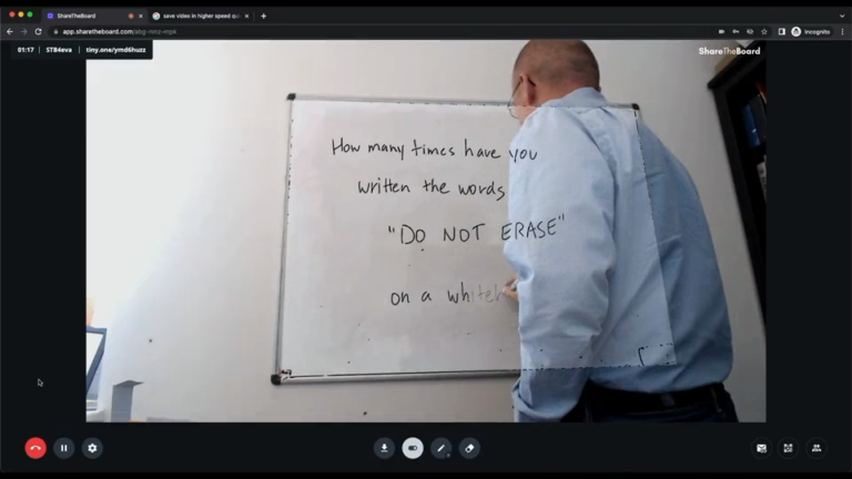 Screenshot of a man using a whiteboard and share the board app at the same time
