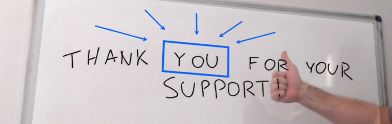 Screenshot with a thank you for your support on the written on a whiteboard