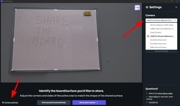 Screenshot of setting in share the board application