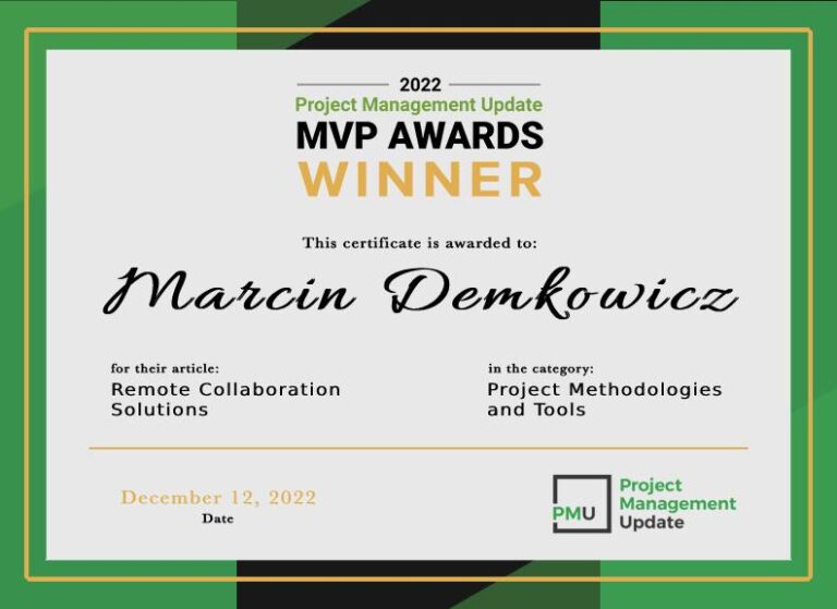 Award for Marcin Demkowicz for Remote collaboration tool granted by Project Management Update in 2022
