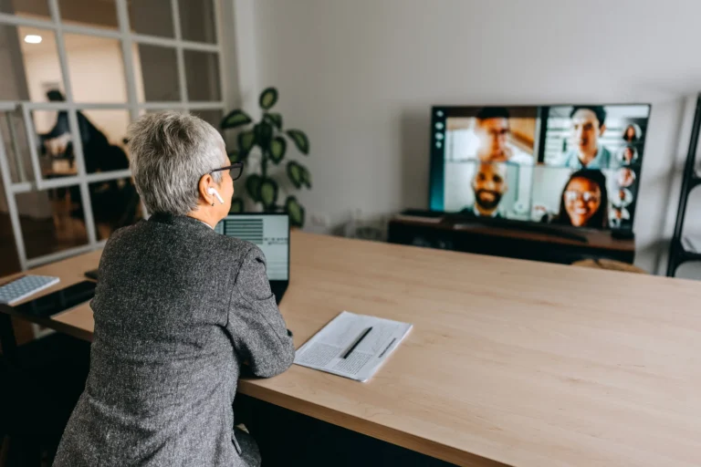 business woman during a hybrid meeting