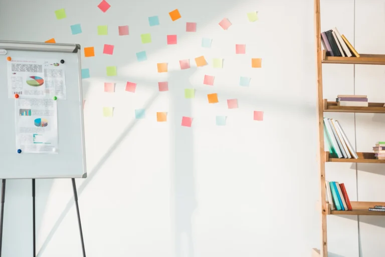 a whiteboard with sticky notes on it
